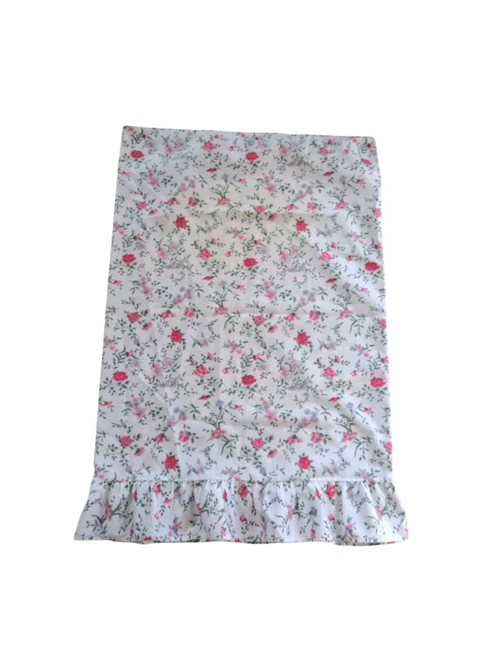 Vintage Floral Ruffle Standard Pillowcase White Pink Green Cotton Cottagecore